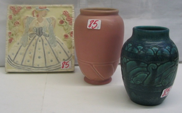 Appraisal: THREE ARTICLES OF AMERICAN ROOKWOOD ART POTTERY blue matt glaze