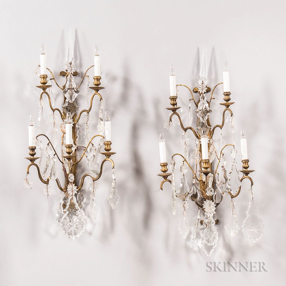 Appraisal: Pair of Continental Gilt-brass and Crystal Five-light Wall Sconces Pair