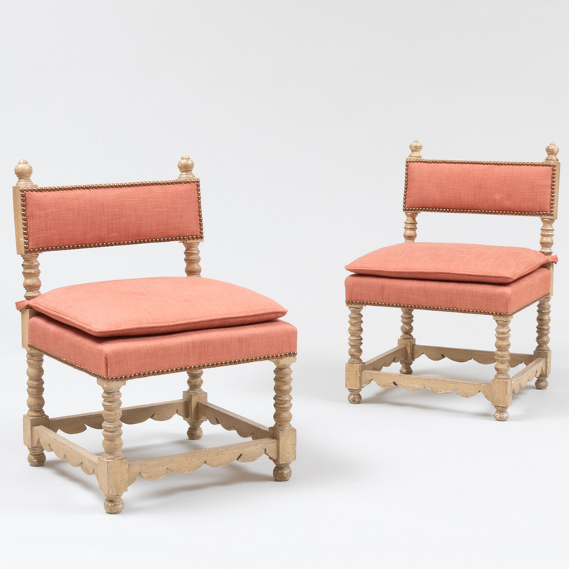 Appraisal: Pair of Baroque Style Cream Painted and Linen Upholstered Child's