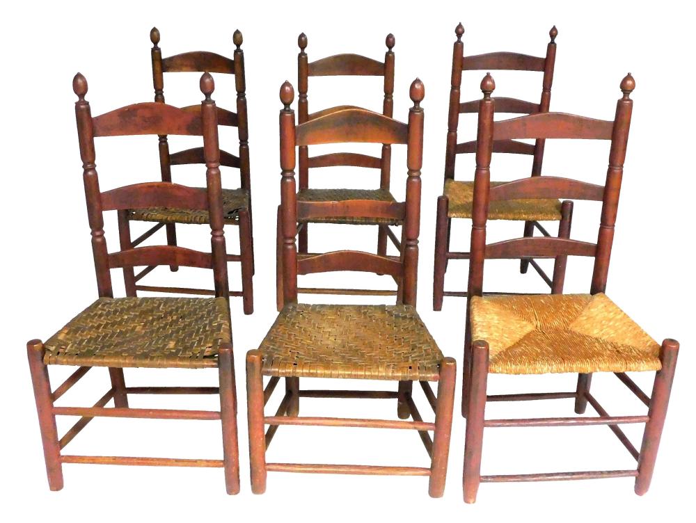 Appraisal: Set of six assembled early ladderback chairs three arched slats