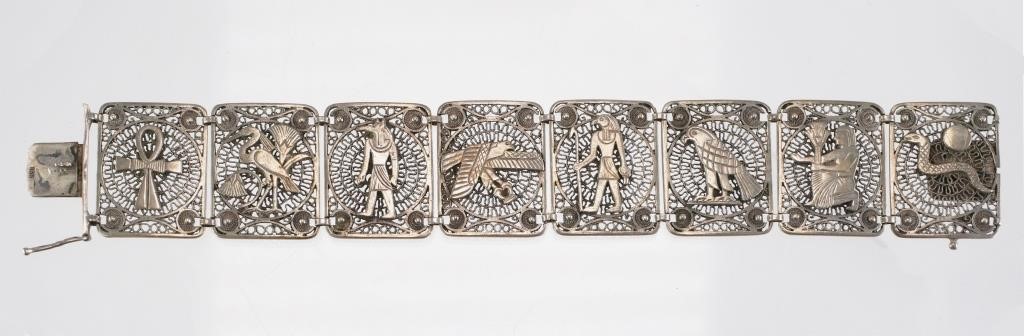 Appraisal: Silver marked Egyptian revival bracelet c s eight filigree panels