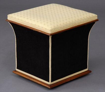 Appraisal: VICTORIAN FABRIC-COVERED MAHOGANY STORAGE STOOL The square hinged top opening