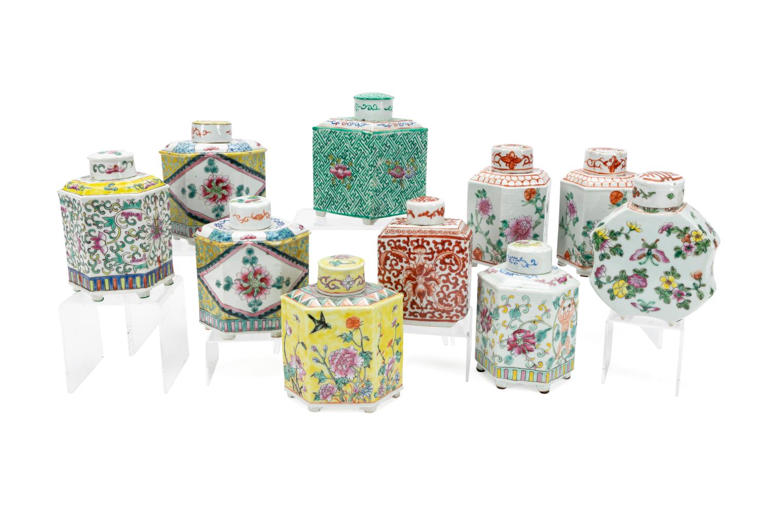 Appraisal: TEN CHINESE LIDDED TEA CADDIES Ten Chinese Famille Rose and