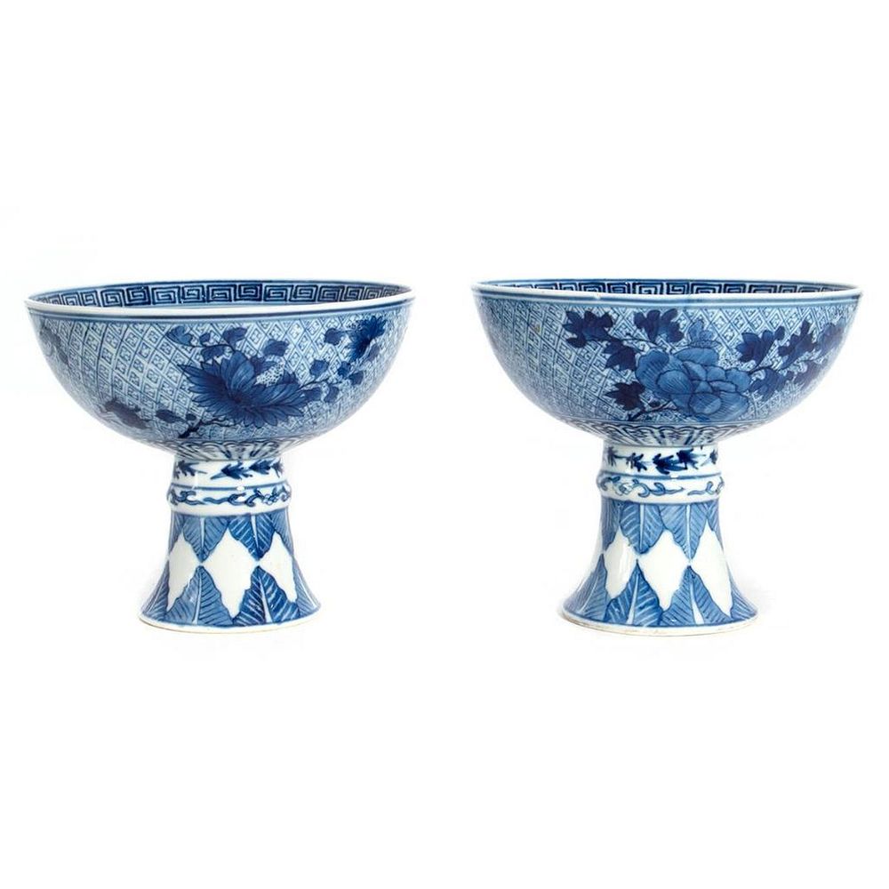 Appraisal: Asian Blue and White Porcelain Bowls on Fluted Stands Each