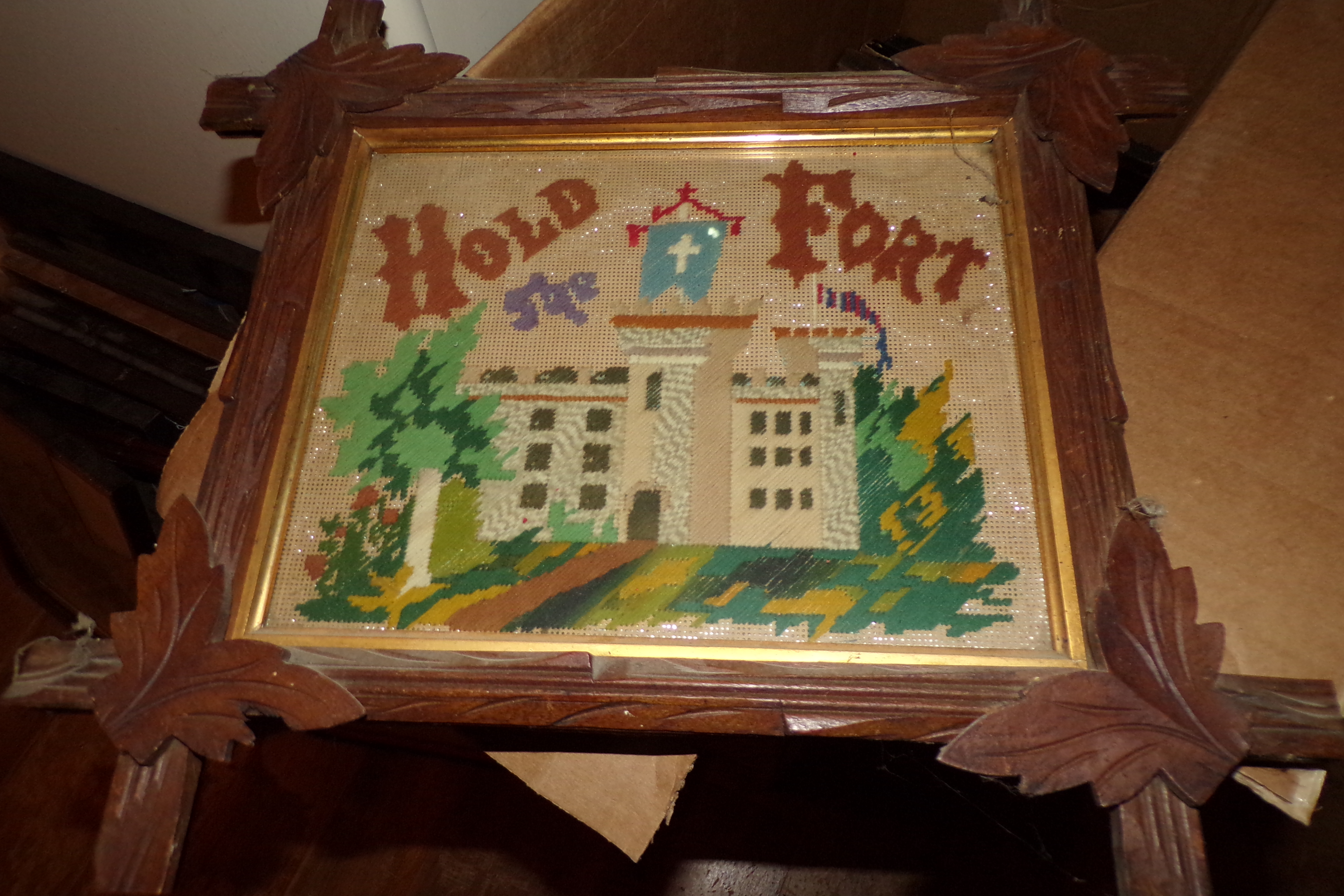 Appraisal: Needlepoint mottoes- ''Hold Fort'' with fail backing ''Call Again'' ''Merry