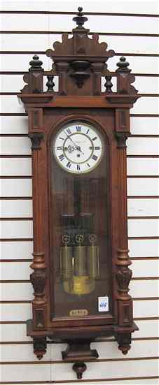 Appraisal: THREE-WEIGHT WALL CLOCK Altdeutsch style Gebruder Resch factory ''Remember'' trademark