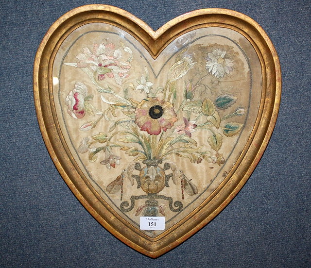 Appraisal: A REGENCY SILK WORK AND GILT THREAD HEART SHAPED EMBROIDERY