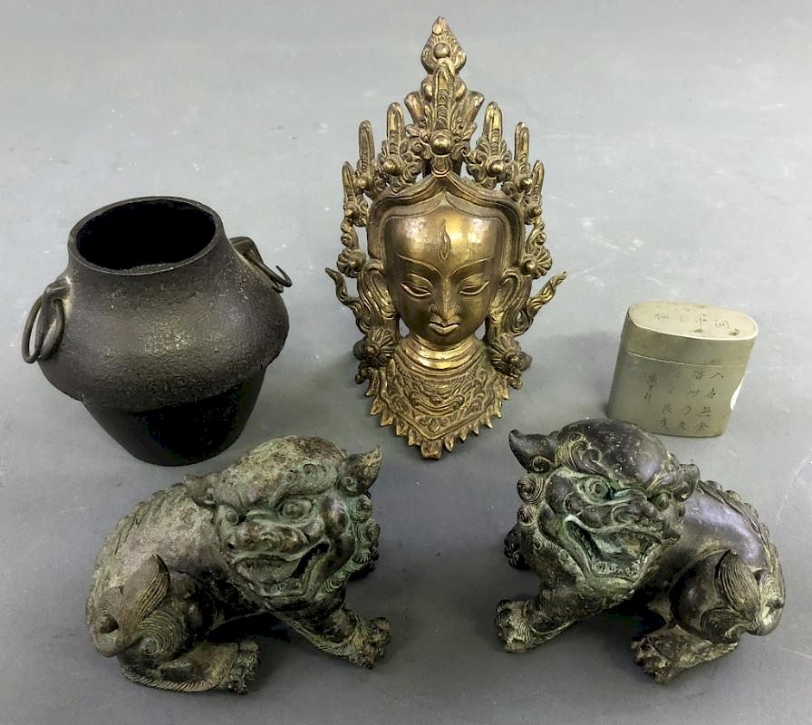 Appraisal: Grouping of Asian Metal Pieces Pair of bronze Foo dogs