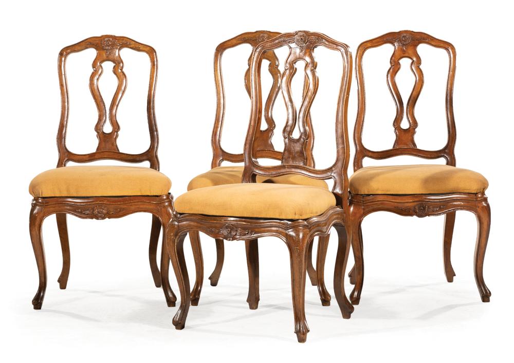 Appraisal: Four Provincial Louis XV-Style Fruitwood Dining Chairs shaped splat cabriole