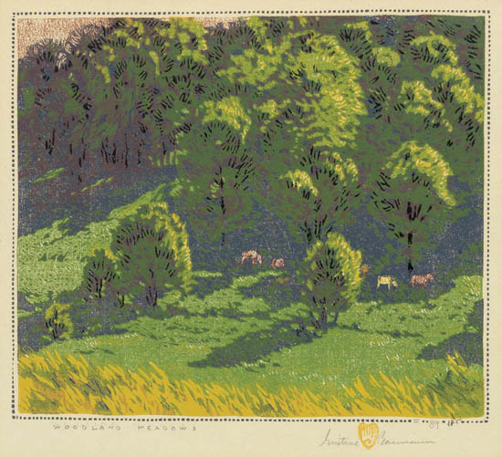 Appraisal: GUSTAVE BAUMANN Woodland Meadows Hillside Woods Color woodcut x mm