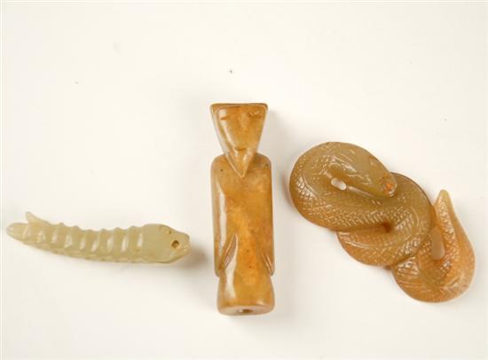 Appraisal: Three Carved Jade Chinese Amulets possibly Tang Dynasty a caterpillar