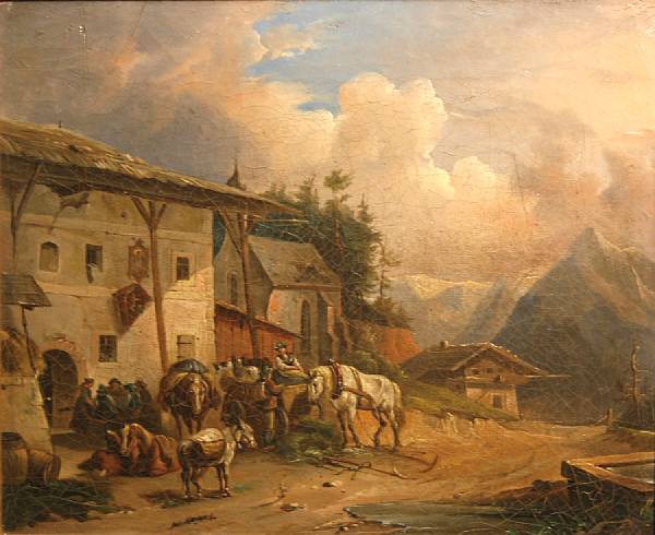 Appraisal: German School Travellers outside an inn in a Bavarian landscape