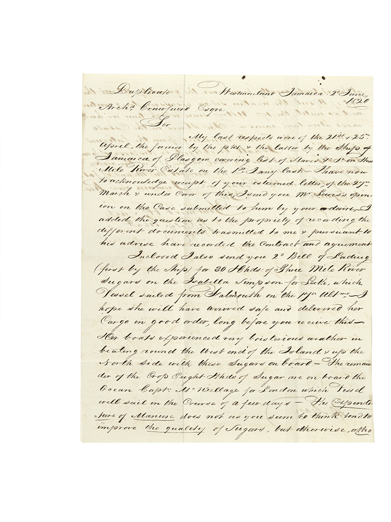 Appraisal: JAMAICA Autograph Letter Signed by Jamaican plantation owner James Colquhoun