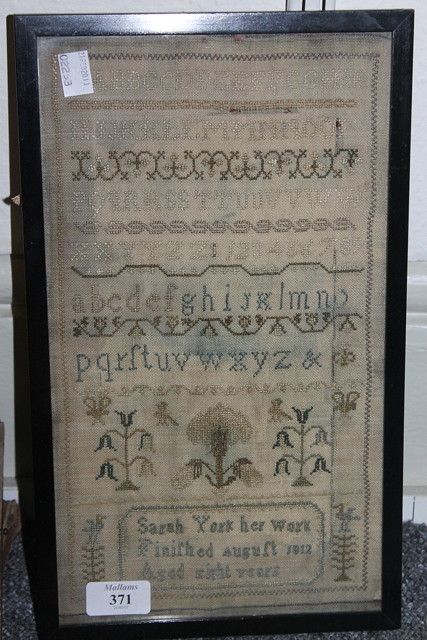 Appraisal: AN EARLY TH CENTURY FRAMED SAMPLER by Sarah York x