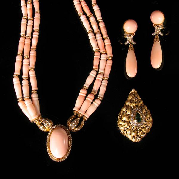 Appraisal: A collection of gem-set diamond coral and gold jewelry featuring