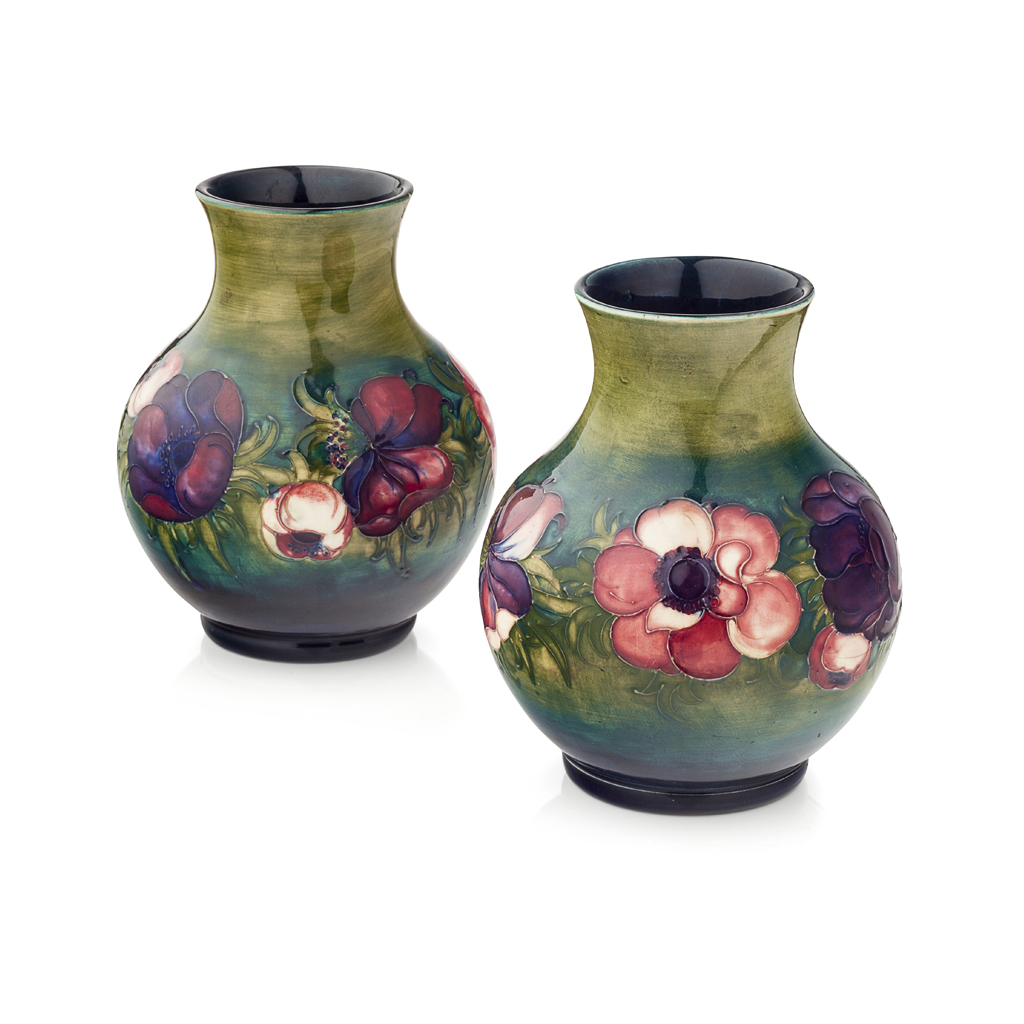 Appraisal: MOORCROFT POTTERY PAIR OF 'ANEMONES' PATTERN BALUSTER VASES CIRCA each