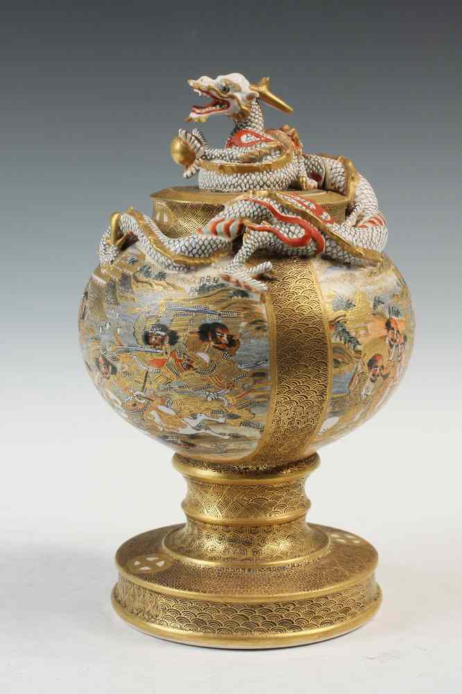 Appraisal: SATSUMA FOOTED JAR - Satsuma Footed and Covered Jar with