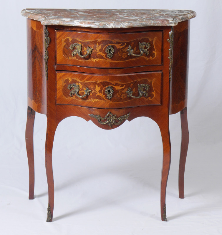 Appraisal: MARBLE TOP MARQUETRY NIGHTSTAND Serpentine shaped variegated marble top over