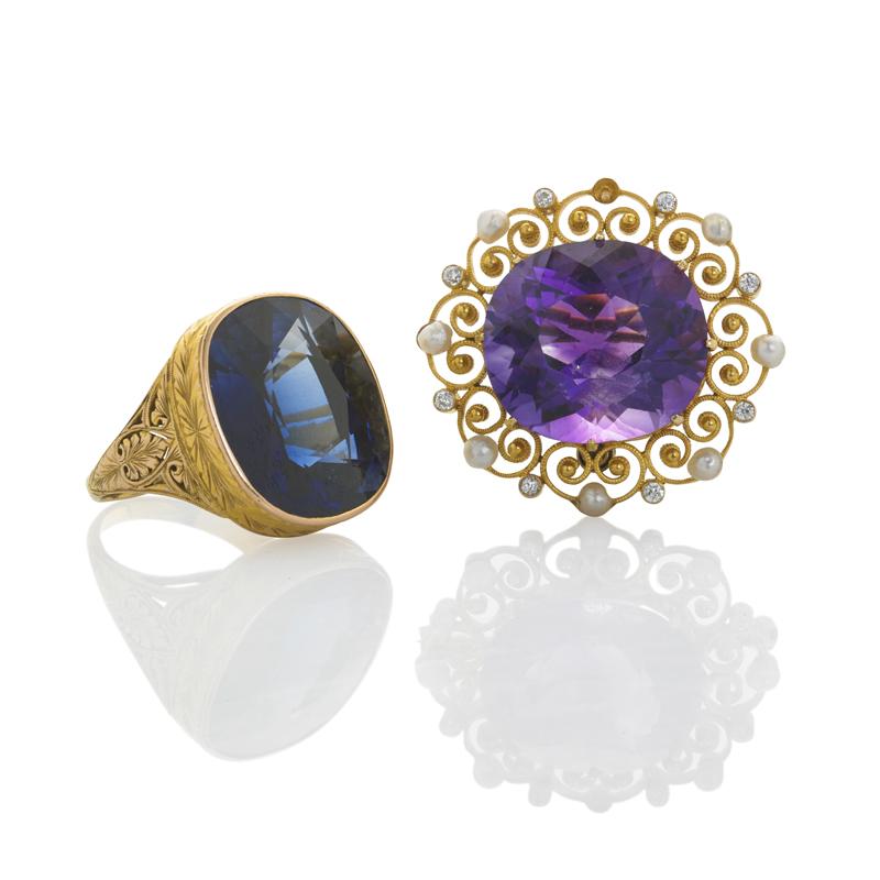 Appraisal: EDWARDIAN GEM-SET GOLD RING AND BROOCH Early cushion cut flux-grown