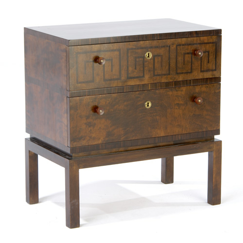 Appraisal: SCANDINAVIAN Burl veneer two-drawer chest with Greek Key inlay and