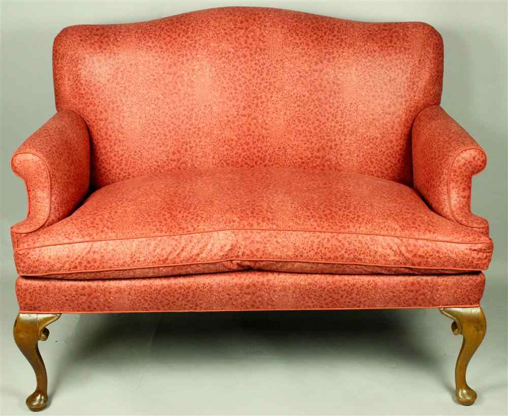 Appraisal: QUEEN ANNE STYLE RED UPHOLSTERED SETTEE having an arched crest