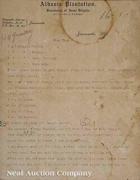 Appraisal: A Recipe for Chow-Chow Typewritten on Albania Plantation Stationery Jeanerette