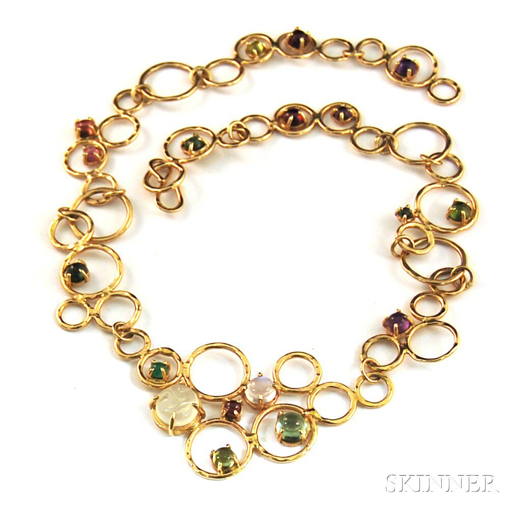 Appraisal: Hammered kt Gold Gem-set Circle Necklace the contemporary design necklace