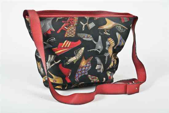 Appraisal: FERRAGAMO COTTON PRINT AND RED LEATHER BUCKET BAG Serial P