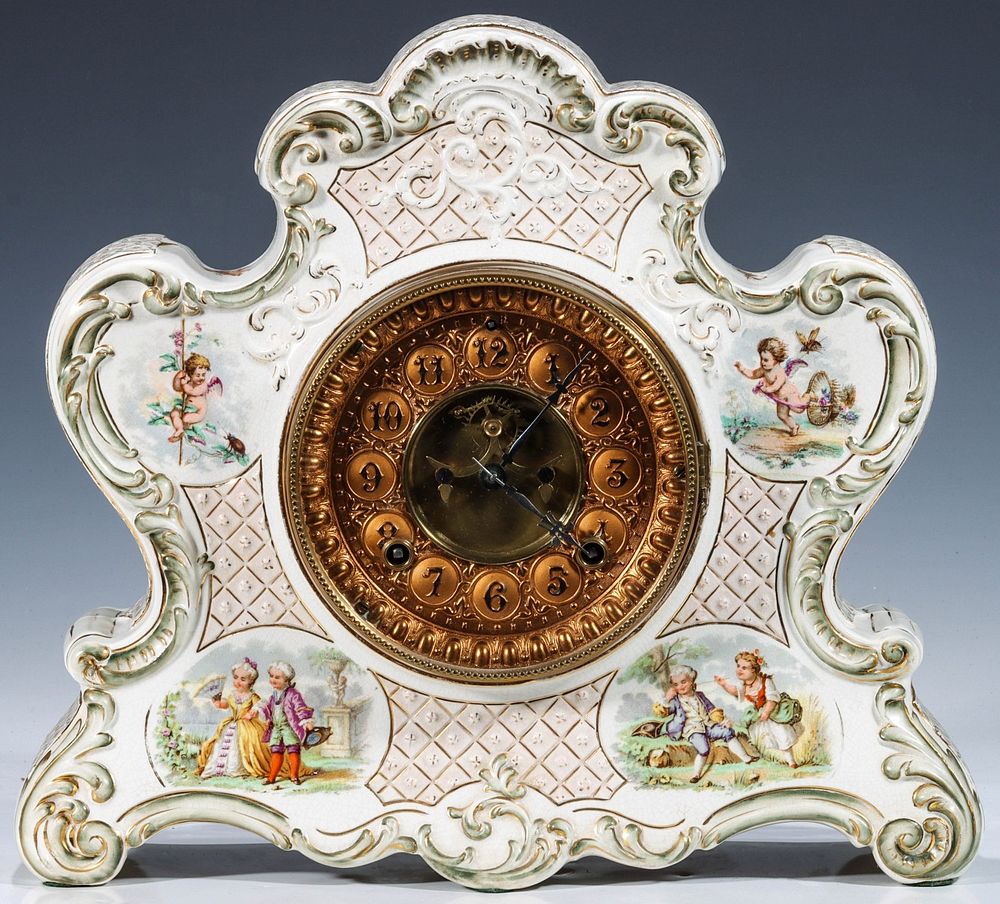 Appraisal: A RARE ELABORATE ANSONIA DRESDEN VARIANT CHINA CLOCK The Dresden