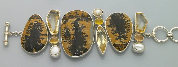 Appraisal: Jasper Citrine and Pearl Bracelet Composed of three large cabochons