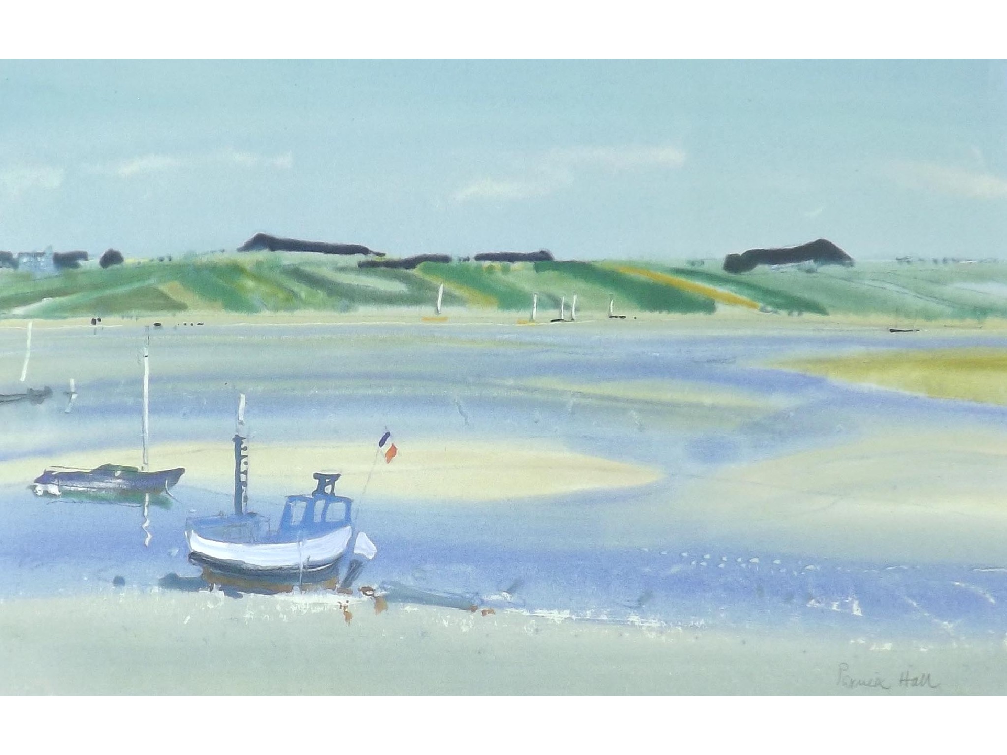 Appraisal: Patrick Hall - - coastal study with fishing boats at