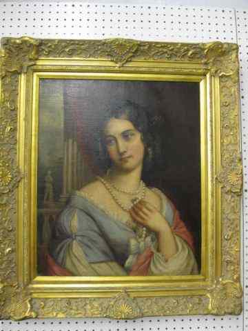 Appraisal: Portrait Young Woman Wearing Pearls oil on canvas th century