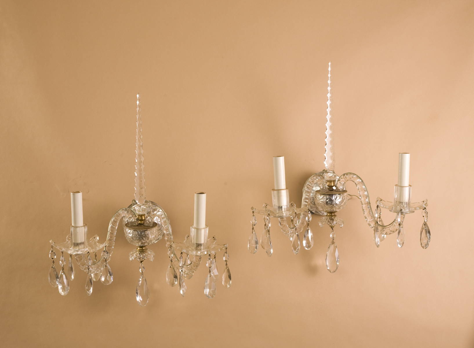 Appraisal: PAIR OF ANGLO-IRISH GEORGIAN STYLE TWO-LIGHT CANDELABRA HUNG WITH DROPS