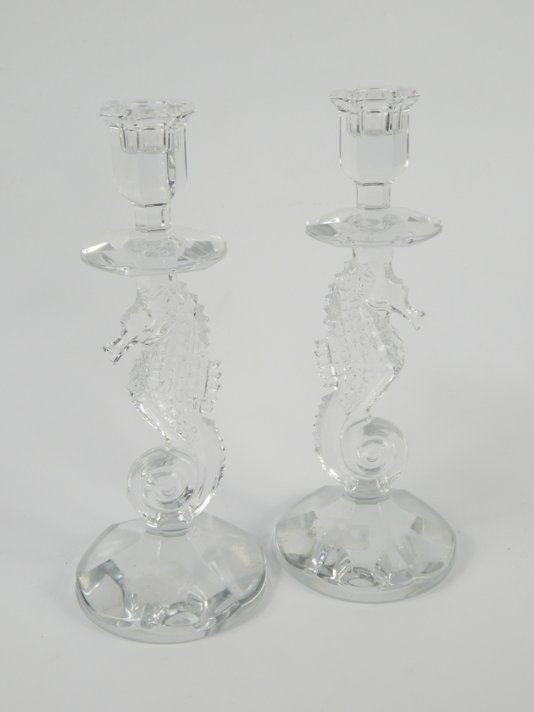 Appraisal: A pair of Waterford cut glass Seahorse candlesticks cm high