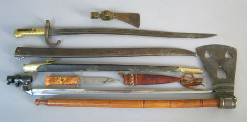 Appraisal: Two bayonets together with two tomahawks and a bowie knife