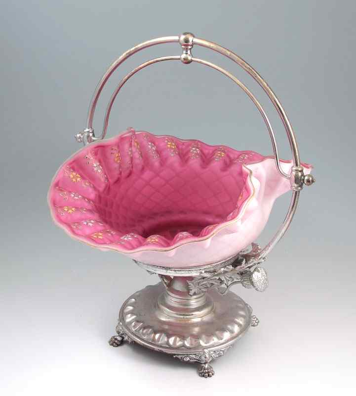 Appraisal: CRANBERRY SATIN QUILTED ART GLASS BASKET IN STAND Opalescent satin