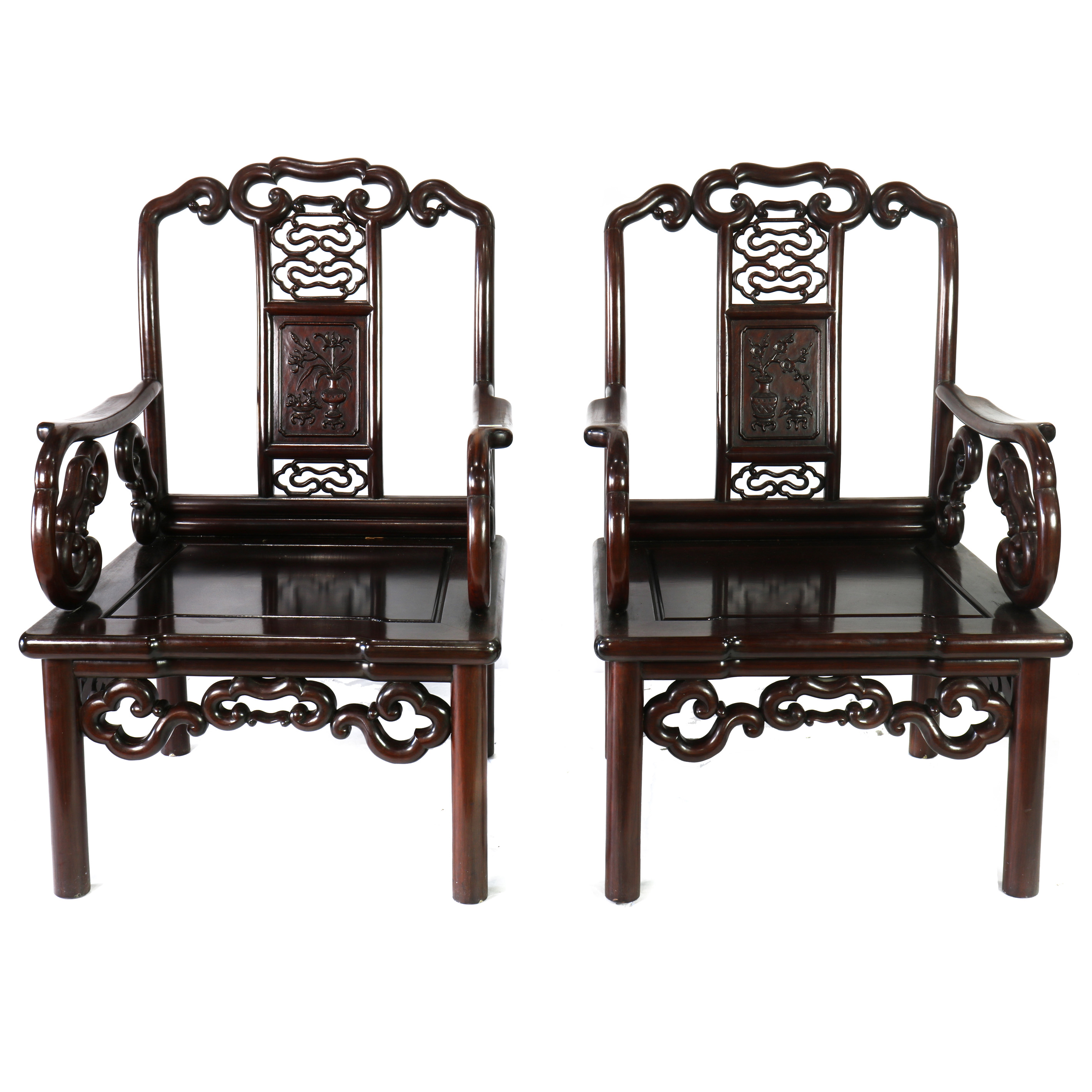 Appraisal: CHINESE HARDWOOD ARMCHAIRS Chinese hardwood armchairs each h