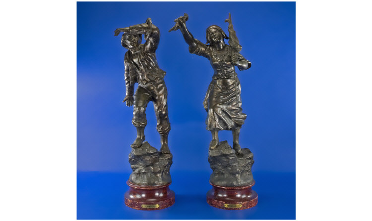 Appraisal: Pair of Late th Century French Spelter Figures On wooden