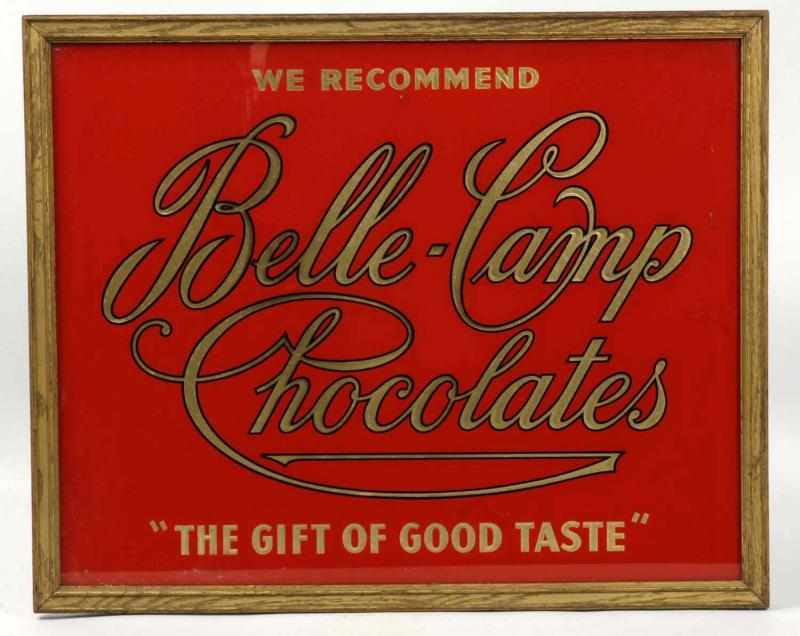 Appraisal: Belle-Camp Chocolates Advertising Sign Description Beautiful reverse on glass sign