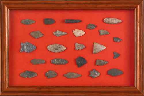 Appraisal: Framed group of Indian stone points x