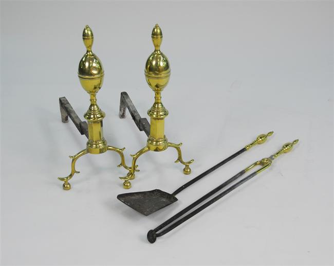 Appraisal: PAIR OF LATE FEDERAL LEMON TOP BRASS ANDIRONS AND TOOLS