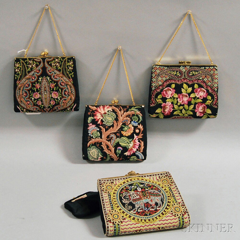 Appraisal: Four Silk-embroidered Black Faille Purses France s Estimate - The