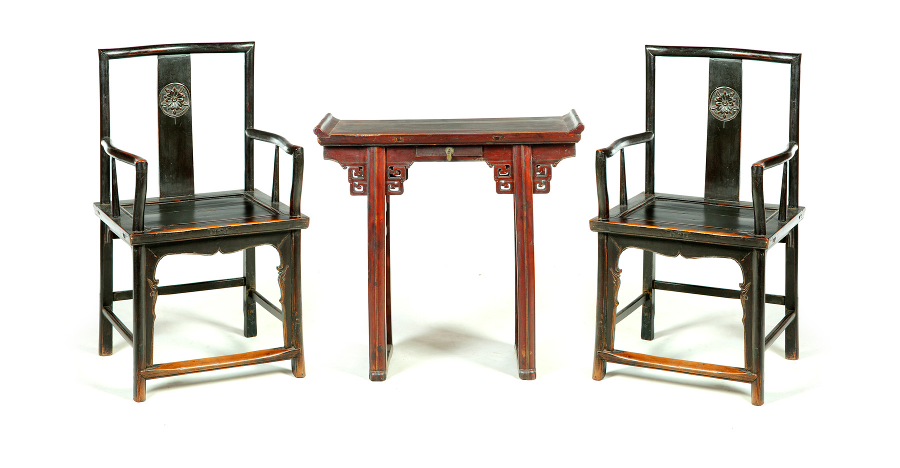 Appraisal: PAIR OF CHINESE OFFICIALS' CHAIRS AND ALTAR TABLE Late th-