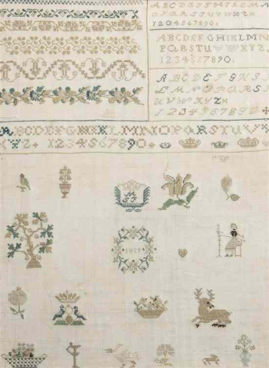 Appraisal: An English Sampler with polychrome stitching on a white reserve