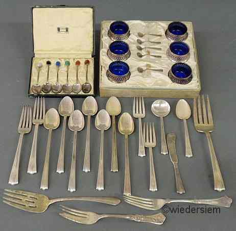 Appraisal: Misc group of sterling silver flatware open salts w cobalt