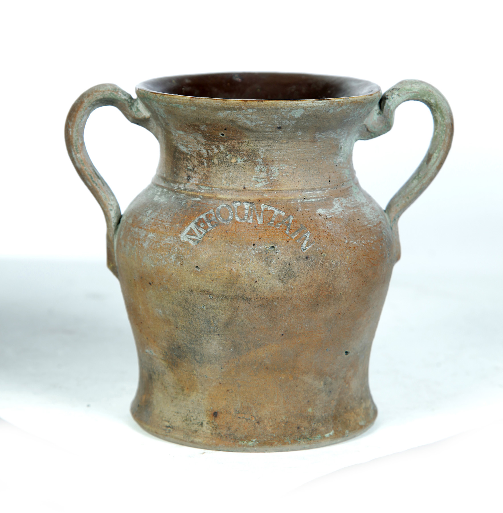 Appraisal: DIMINUTIVE MUSKINGUM COUNTY TWO-HANDLED STONEWARE JAR Marked for Mark Fountain