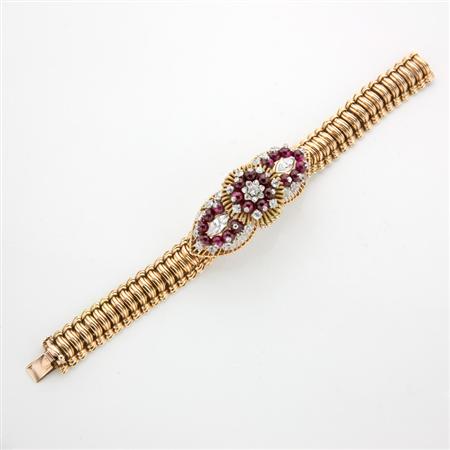 Appraisal: Gold Platinum Diamond and Synthetic Ruby Bead Bracelet Estimate -