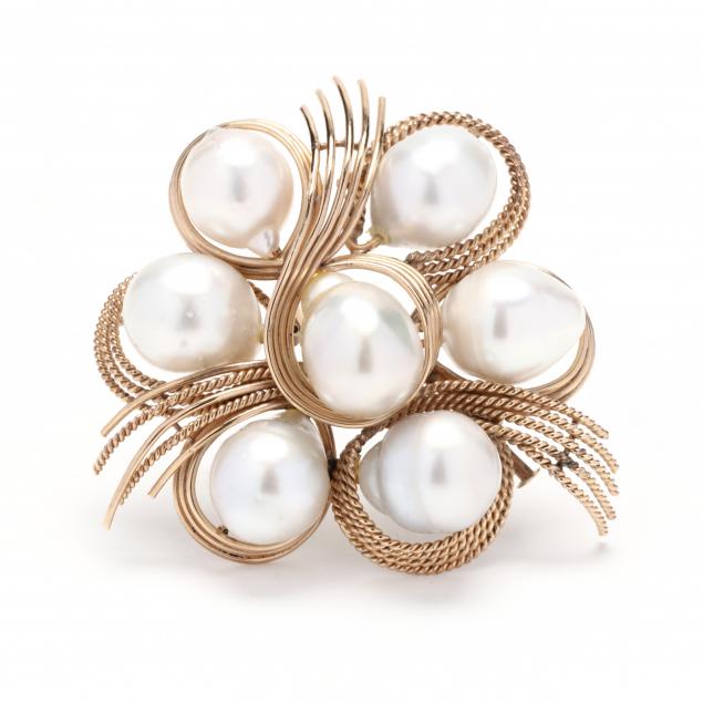 Appraisal: GOLD AND PEARL BROOCH Brooch designed in high polish yellow