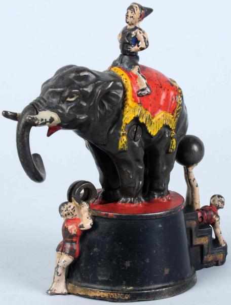 Appraisal: Cast Iron Elephant with Clowns Mechanical Bank Manufactured by J