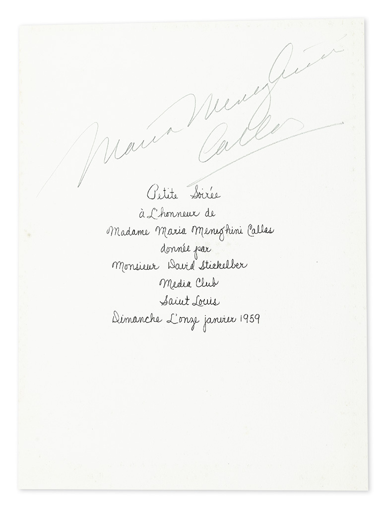 Appraisal: CALLAS MARIA Signature Maria Meneghini Callas in pencil on a